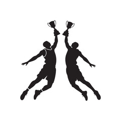 Basketball Player Jumping to Dunk While Holding Winner Trophy Cup Sports Silhouette.  © shahariea