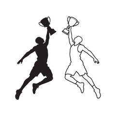 Basketball Player Jumping to Dunk While Holding Winner Trophy Cup Sports Silhouette.  © shahariea