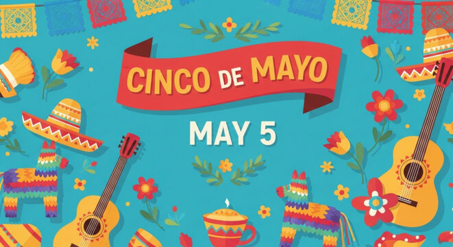 Cinco de Mayo celebration with festive decorations guitars and pinatas May 5th holiday graphic for invitations and social media