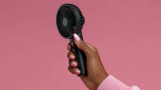 Unrecognizable woman's hand with pink manicure holding a small portable fan on a pink background