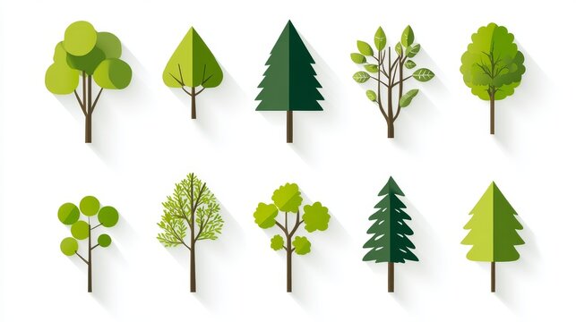 flat icon set of different green trees with long shadows, minimal shading and modern vector design, grouped uniformly on white background