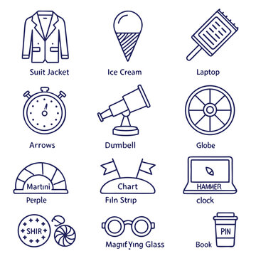 Collection of business and lifestyle icons including suit jacket, Ice cream, Laptop, Stopwatch, Globe, And more