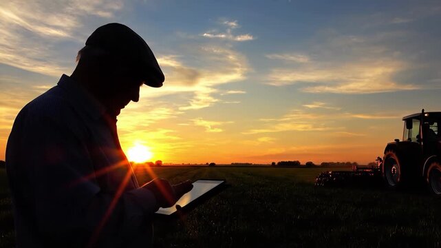Silhouette of a farmer at sunset with a tractor