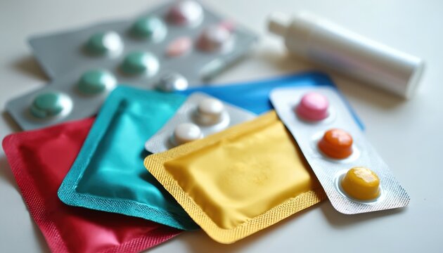 Various birth control pills and condom packets are neatly arranged. Different contraceptive options are visible, suggesting family planning and safe sex choices for health awareness.