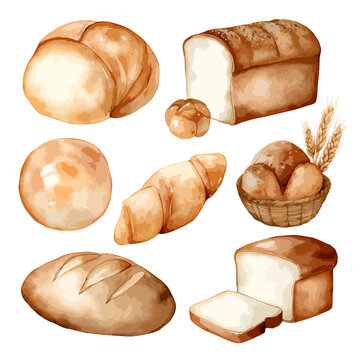 Watercolor Illustration of Various Bread and Baked Goods