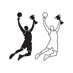 Basketball Player Jumping to Dunk While Holding Winner Trophy Cup Sports Silhouette.  © shahariea