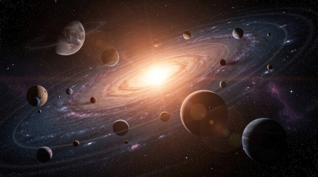 A stunning image of a galaxy featuring a bright center and multiple planets orbiting, showcasing the beauty of the cosmos.
