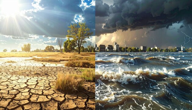 Dramatic visual dichotomy of climate crisis extreme drought with cracked earth contrasting sharply with a city overwhelmed by severe floods and storm surges