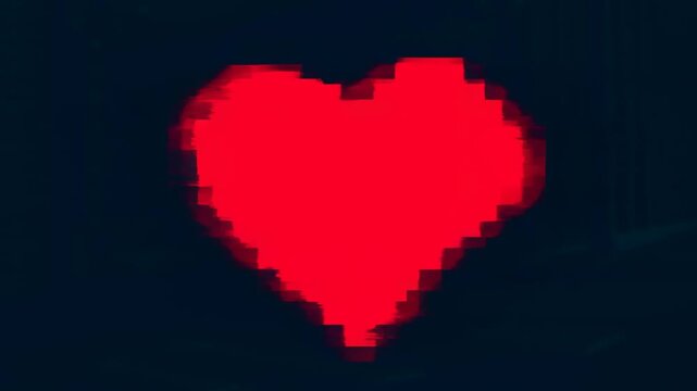 Static shot of pixelated digital heart pulsing and glitching with horizontal distortion over dark screen background in studio neon red animation