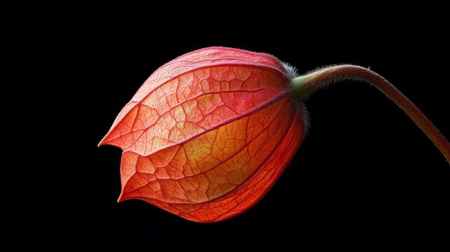 vintage botanical macro shot showing the geometric form of Abutilon pod, sharp contrast lighting, black background