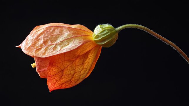 vintage botanical macro shot showing the geometric form of Abutilon pod, sharp contrast lighting, black background