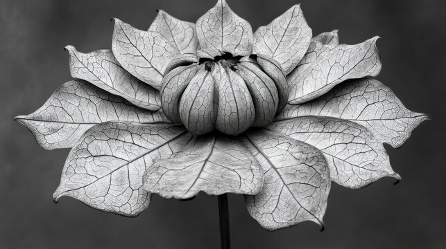 enlarged pod structure of Abutilon plant, symmetrical and sculptural form in grayscale, antique photography style