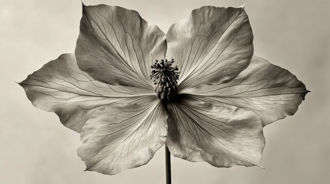 enlarged pod structure of Abutilon plant, symmetrical and sculptural form in grayscale, antique photography style