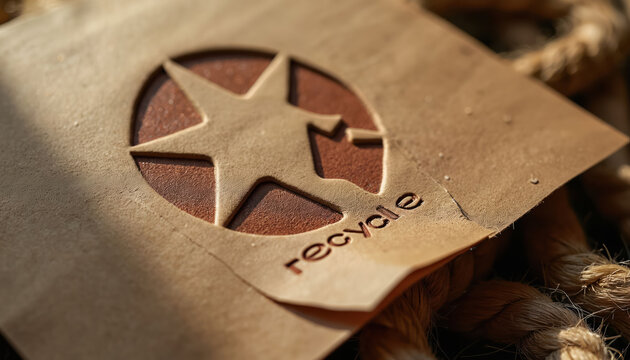 Close-up texture of recycled paper packaging with embossed eco logo and word recycle. Natural fiber material signifies sustainable branding and environmental responsibility for products.