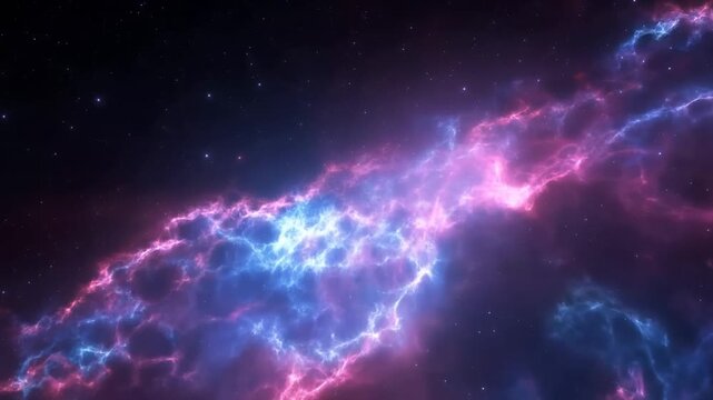 Slow panning tracking shot of colorful nebula clouds drifting and glowing across deep space cosmic background