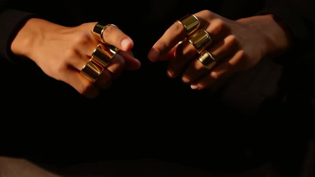 Panning shot of hand wearing gold knuckle rings rotating and pointing over dark studio background close up with warm low lighting