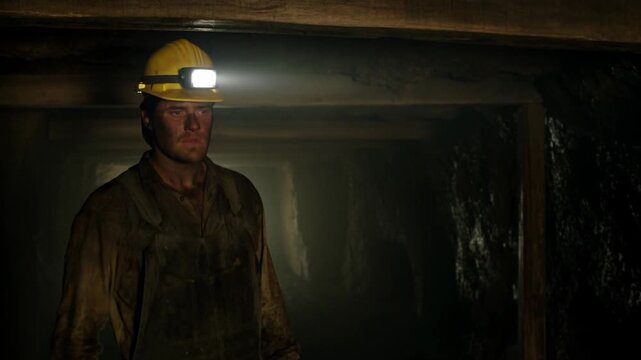 Tracking shot of miner walking with pickaxe and headlamp inside narrow underground mine tunnel slow dolly movement through dimly lit shaft