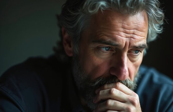 Mature man with grey hair and beard looks down thoughtfully, hand covering mouth. Serious expression, deep wrinkles, blue eyes gaze into distance. Cinematic mood, close-up portrait, subtle lighting.