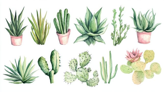 watercolor clipart collection featuring assorted desert plants in vibrant greens and soft pinks, isolated for design projects