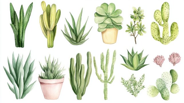 watercolor clipart collection featuring assorted desert plants in vibrant greens and soft pinks, isolated for design projects