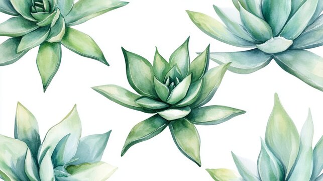 delicate watercolor illustrations of aloe, echeveria, and cactus with natural shadows, arranged for use in wedding or branding