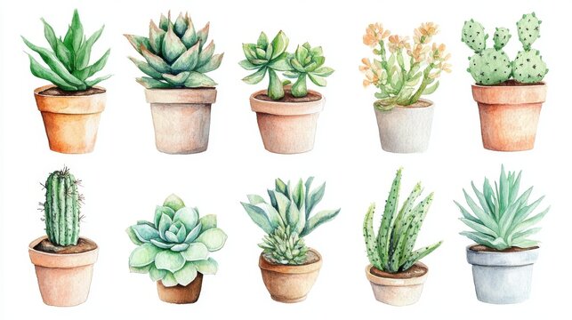 botanical watercolor bundle of succulents and cacti in pots and natural clusters, perfect for invitations or craft packaging