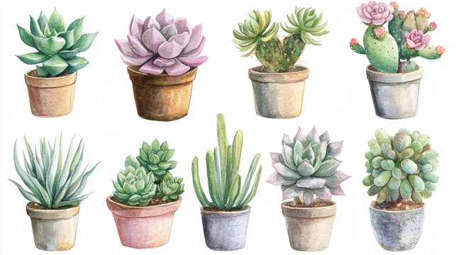botanical watercolor bundle of succulents and cacti in pots and natural clusters, perfect for invitations or craft packaging