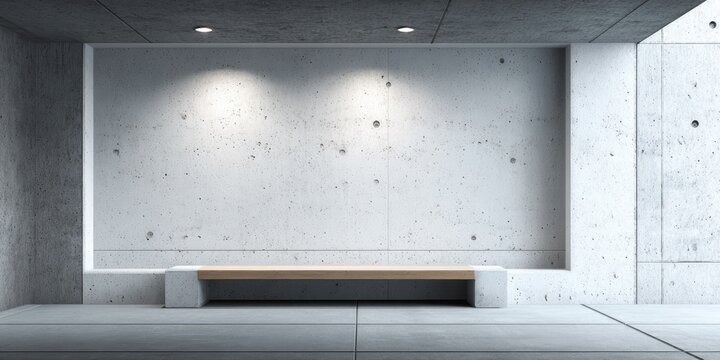Modern concrete interior with recessed bench, spotlights, and minimalist design