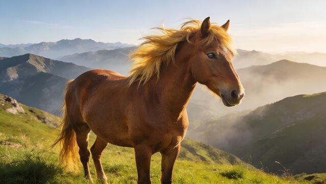 Portrait of a Golden Horse Overlooking Vast Mountains and Green Valleys