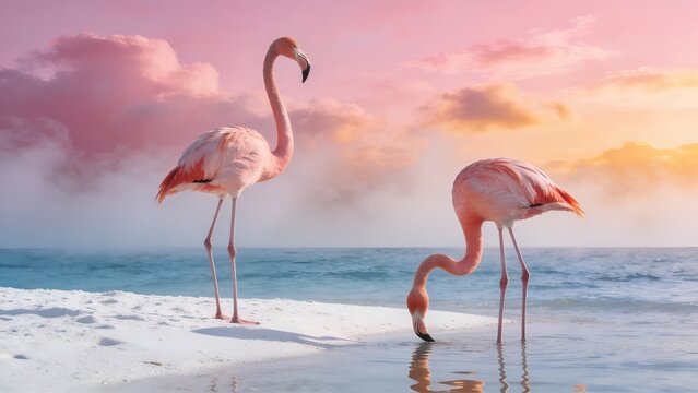 Two Elegant Pink Flamingos on a Tropical Beach with a Dreamy Pastel Sunset