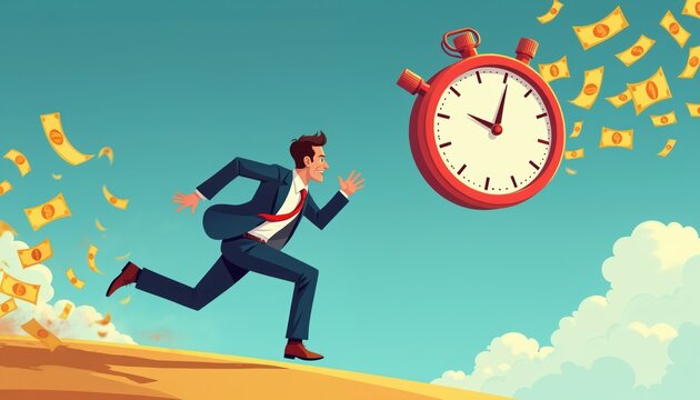 Businessman sprints across barren land chasing floating dollar bills under a sky with a giant stopwatch. He is running towards a large clock and flying money. Time and money concept art illustration.