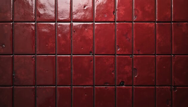 Glossy burgundy red ceramic tiles create a rich, textured surface perfect for interior design backgrounds. The vertical rectangular pattern offers a sleek yet slightly aged appearance.