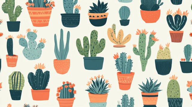 flat style cactus and succulent illustrations with variations of spikes, blooms, and containers, tiled evenly for fabric or wallpaper
