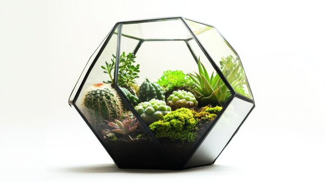 modern glass terrarium shaped like a dodecahedron housing cute cactus plants and moss, isolated on white with soft shadows