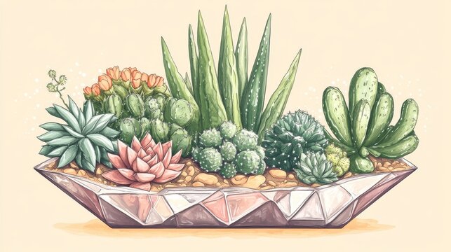 hand-drawn terrarium illustration with mix of classic desert plants in a crystal-shaped frame, rich in detail with clean vector edges