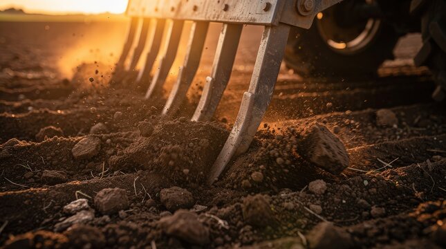 A close-up of a tractor's tilling implement digging into soil at sunset, creating a dramatic effect with flying dust and earth particles.
