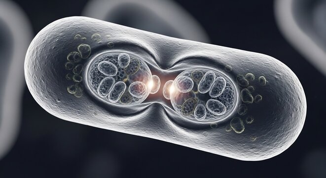 Microscopic view of a cell undergoing binary fission illustrating cell division.