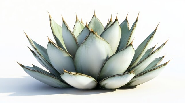 high-resolution image of agave plant in full bloom, emphasizing thorn tips and thick green blades, clean white isolation with shadow base