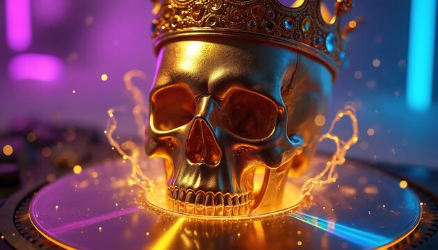 Golden skull with crown sits on CD. Shiny metallic skull jewels, glows with neon light, sparks fly. Party, music, celebration concept, abstract background, party vibe, celebration mood, party lights,