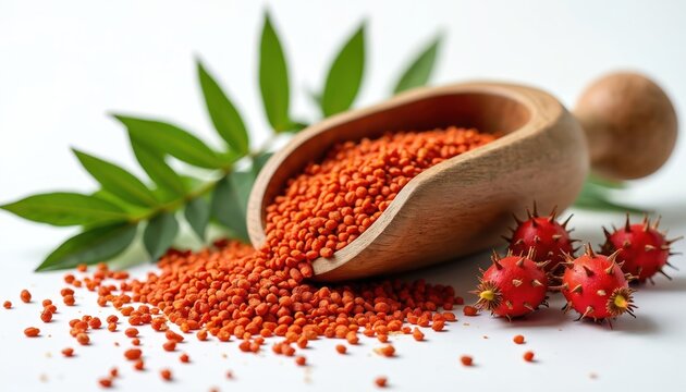 Annatto seeds spill from wooden scoop. Achiote paste ingredient for natural food coloring. Spicy plant pods with thorns, green leaves nearby. Bright orange spice, culinary flavor.