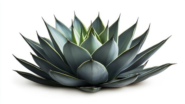 high-resolution image of agave plant in full bloom, emphasizing thorn tips and thick green blades, clean white isolation with shadow base