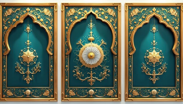 Triptych of ornate gold and teal panels feature intricate Islamic floral motifs and geometric designs within arched frames. Decorative wall art displays symmetry and classic elegance.