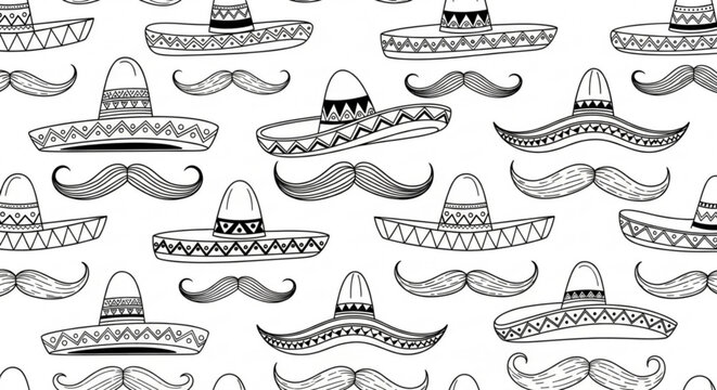 Hand-drawn sombrero and mustache pattern a festive doodle illustration for Cinco de Mayo or Mexican themed designs isolated on white background