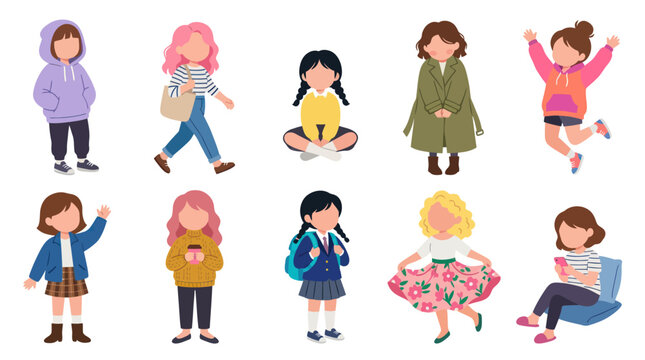 Flat Style Vector Illustration of Diverse Girls in Casual Outfits