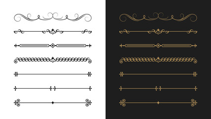 Set of decorative divider designs featuring ornate border flourishes. Classic ornament collection ideal for vintage frames, typography decoration, invitations, wedding cards, certificates. © Tuba Reza