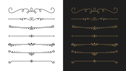 Set of decorative divider designs featuring ornate border flourishes. Classic ornament collection ideal for vintage frames, typography decoration, invitations, wedding cards, certificates. © Tuba Reza