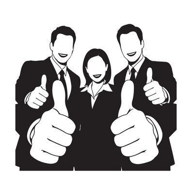 Diverse business professionals enthusiastically give thumbs-up gestures, symbolizing strong approval, collective success, and excellent performance in a positive collaborative environment
