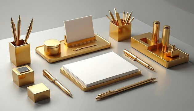 Elegant gold desk accessories including pens, paper holder, and pen cups. Luxury office supplies arranged for a pro business setting. Modern design elements create a sophisticated workspace.