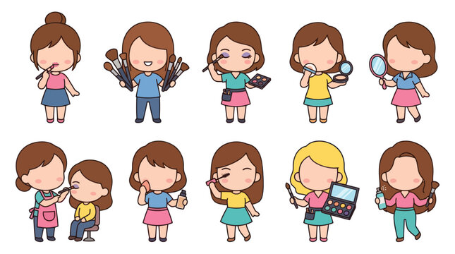 Cute Cartoon Girls Applying Makeup, Beauty  Cosmetics Flat Vector Art