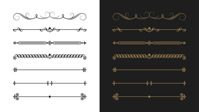 Set of decorative divider designs featuring ornate border flourishes. Classic ornament collection ideal for vintage frames, typography decoration, invitations, wedding cards, certificates.